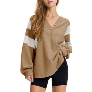 EXLURA Women's Oversized V Neck Henley Shirt Patchwork 2024 Color Block Sweatshirt Long Sleeve Button Pullover Tunic Tops (X-Small, Brown)
