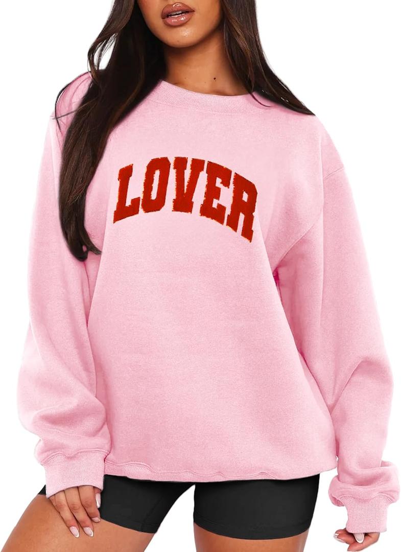 MAPICK Valentine Sweatshirts for Women Funny Letter Printed Chenille Patch Pullover Sweaters Long Sleeve Oversized Tops (X-Large, Light Pink a)