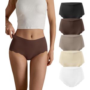 SHARICCA Seamless High Waisted Underwear for Women Cheeky Underwear Wave Edge No Show Bikini Panties Ribbed Panties Pack (Large, Black/Dark Brown/Deep Brown/Light Beige/White)