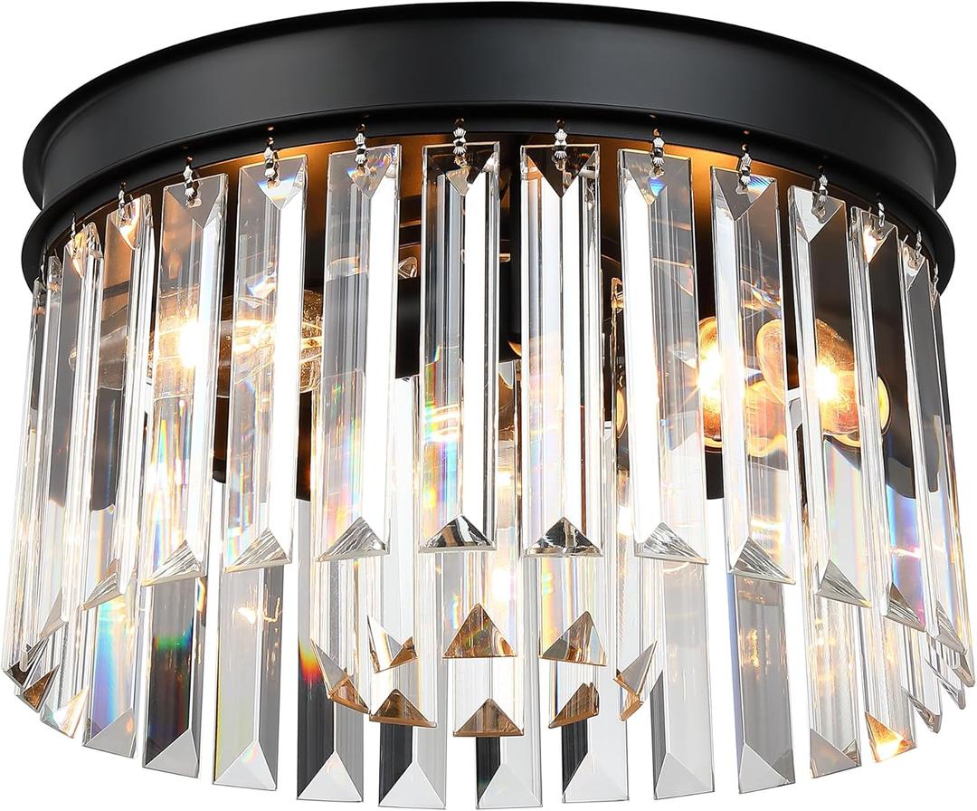 Black Flush Mount Ceiling Light Fixture, 12 Inch Modern Light Fixtures Ceiling, 3 Lights Crystal Chandelier Lighting for Living Room Dining Room Bedroom Kitchen Hallway Entryway, XDD006-3-BK-M-1