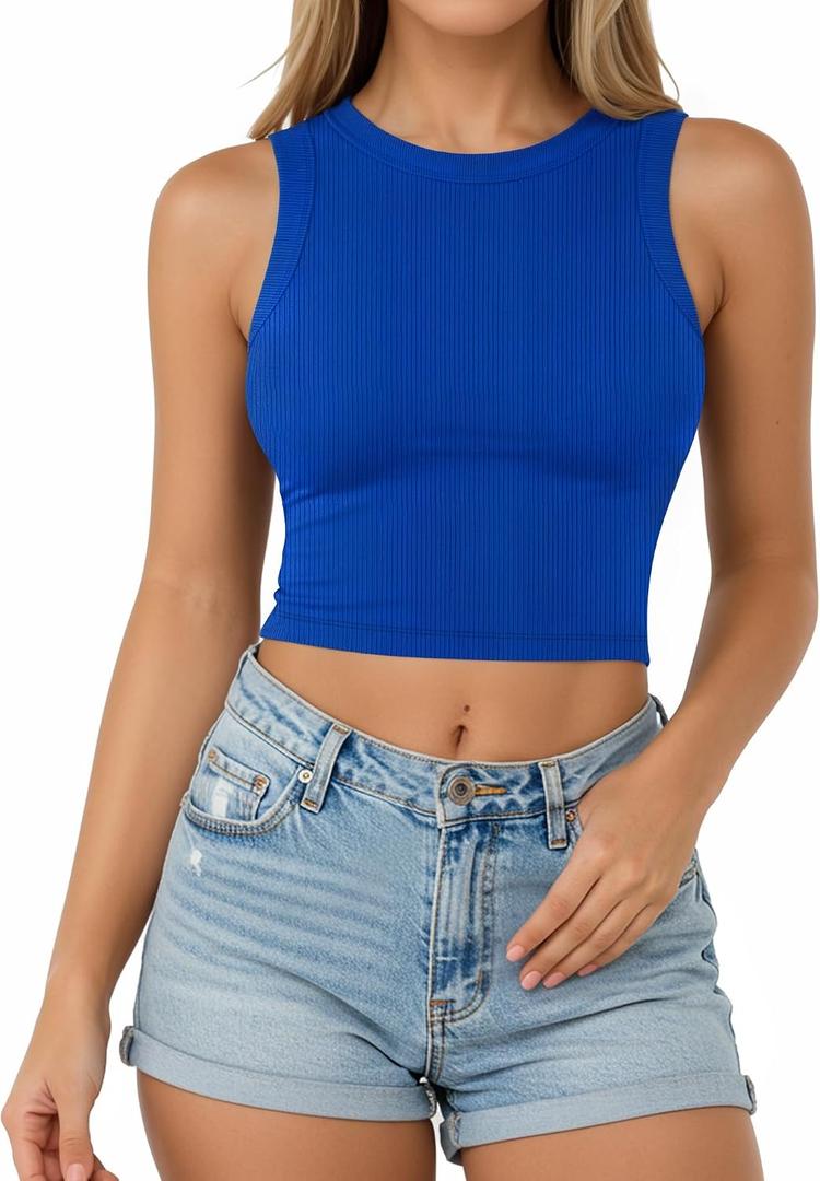 CLOZOZ Womens Tank Tops Round Neck Ribbed Sleeveless Crop Tops for Women High Neck Basic Crop Tank Top (Blue, L)