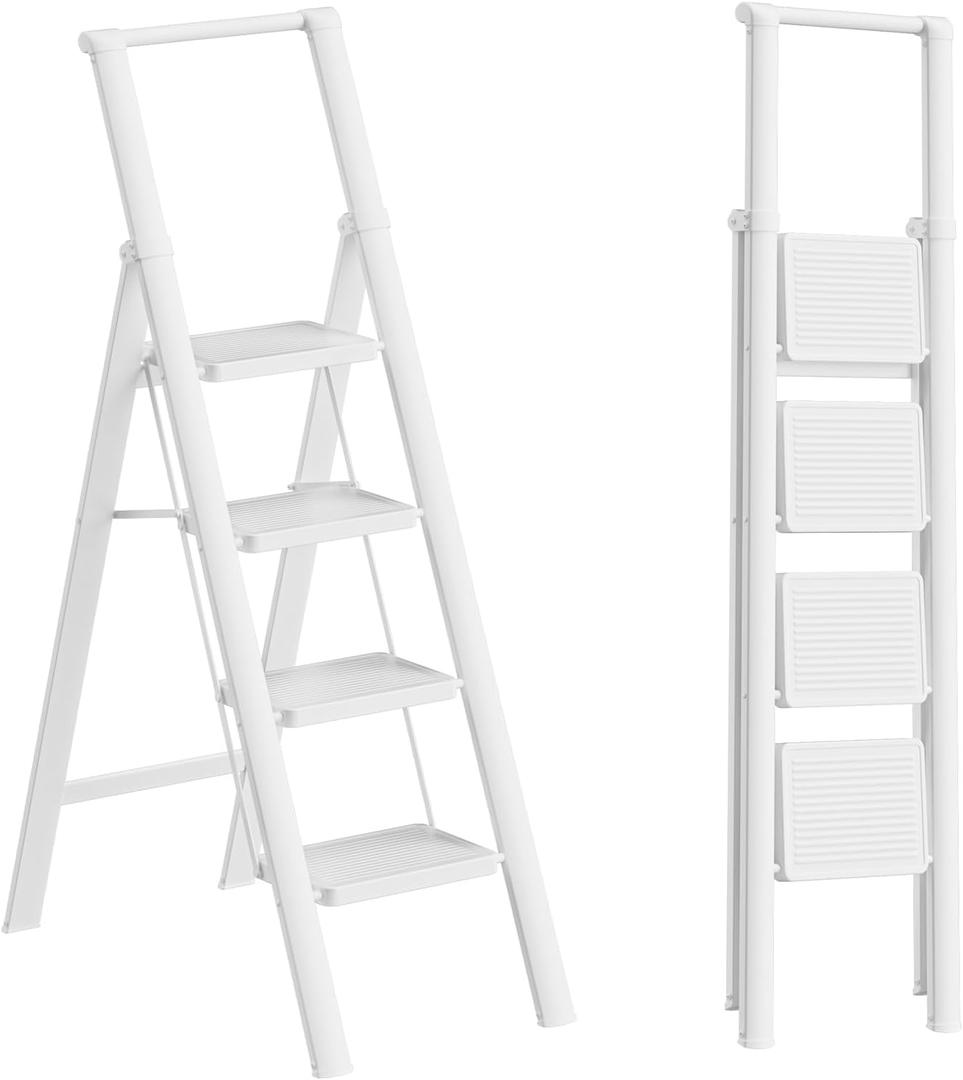 4 Step Ladder Folding Step Stool Stepladders with Anti-Slip and Wide Pedal for Home and Kitchen Use Space Saving (White)