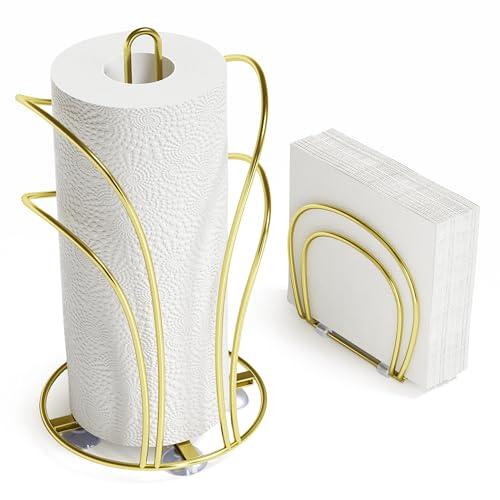 SZQINJI Paper Towel Holder Countertop, Gold Paper Towel Roll Holder with Weighted Base 4 Suction Cups and Paper Napkin Holder Set, Standing Paper Towel Holder for Kitchen Dining Table Picnic