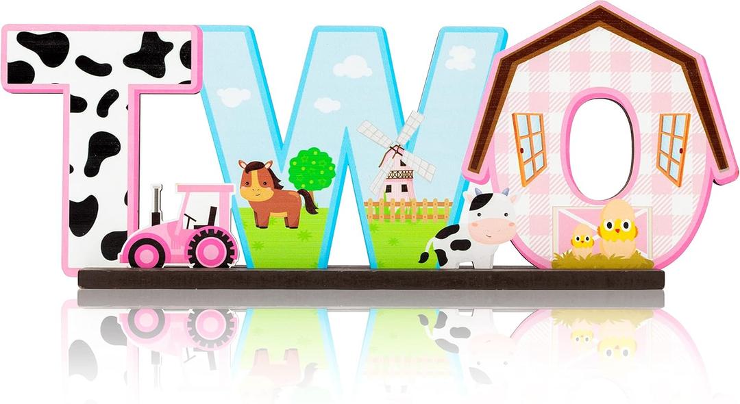 Haooryx Farm Centerpiece - Pink Farm Animal Sign Wooden Table Centerpiece Barnyard Birthday Party Sign Two Years Old Birthday Party Decorations Baby Shower Photo Props