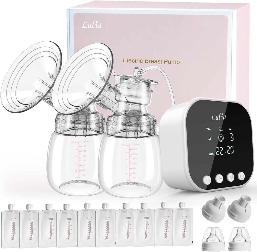 Lulia Double Electric Breast Pump, Breastfeeding Pump 4 Modes & 9 Levels, Low Noise, Anti-Backflow & LED Display, BPA Free, Portable Breast Pumps with 10 Breastmilk Storage Bags and 24mm Flange (White)