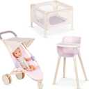 LullaBaby  14-Inch Realistic Baby Doll & Accessory Bundle  Fair Skin Tone & Blue Eyes  Nursery Care Set  High Chair, Playpen & Jogger Stroller  Pretend Play Toys  Kids 2+ Years