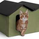 K&H Pet Products Extra-Wide Heated Cat House for Outside, Outdoor Cat House with 2 Safe Escape Doors, Weatherproof Insulated Stray & Feral Shelter with Waterproof Heated Bed, Safety Listed - Olive