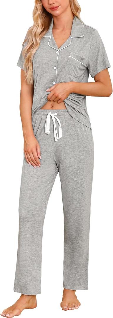 Samring Women Pajamas Sets 2 Piece Short Sleeve Soft Sleepwear Pjs Lounge Set Button Down Nightwear with Long Pants (Gray, XXL)