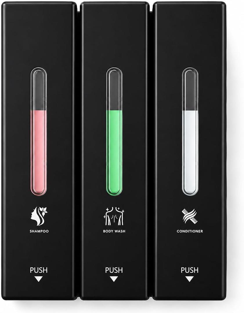 Shampoo and Conditioner Dispenser Wall Mounted, 3-Chamber Shower Soap Dispenser for Bathroom, 1200ML Large Capacity, No-Drill Installation, Clog-Free Pump for Thick Liquids (black-3-pack)
