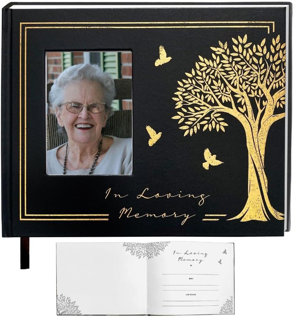9.8"L x 7.8" H x 0.5" Funeral Guest Book For Memorial , A guest Book for Funeral with Gold Engraving - Memorial Guest Book Space for Name , Contact/Address Memory & Thoughts Memorial Service Registry