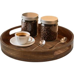 Round Decorative Tray,Wooden Serving Tray with Handles, 11.8in Vintage Brown Decorative Trays for Coffee Table,Kitchen Counter,Bandejas Decorativas
