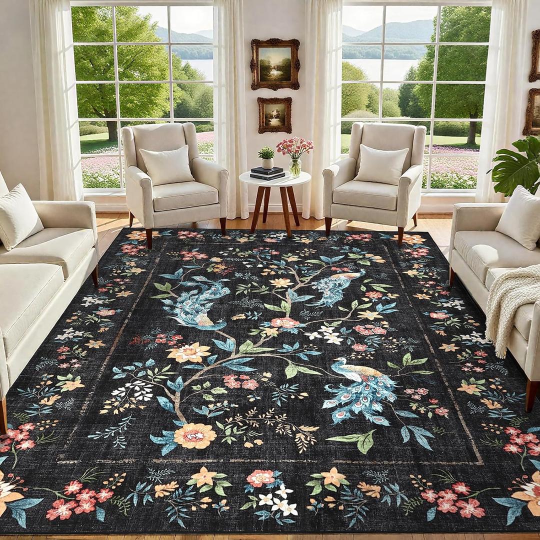 GarveeHome Large Area Rugs 9x12 for Living Room, Black Floral Peacock Washable Rug Soft Non Slip Backing Floor Mat Animal Print Carpet Indoor Thin Accent Rug for Bedroom Dining Room Playroom Nursery