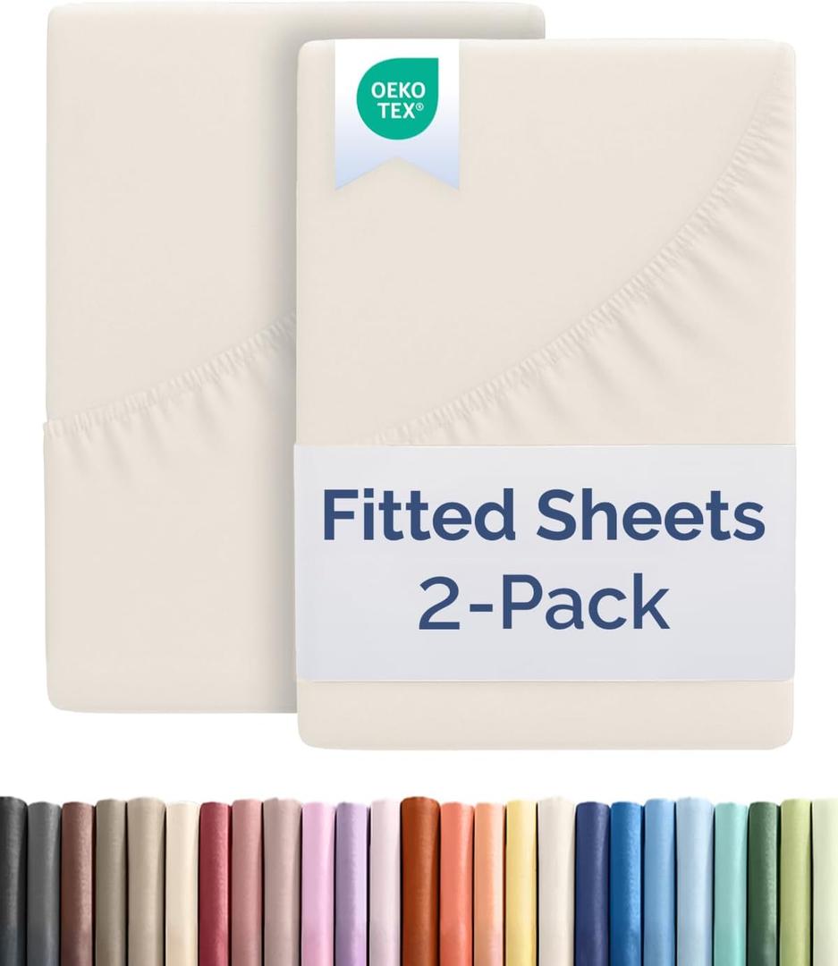 King Size Fitted Bed Sheet - Pack of 2 Single Fitted Bottom Sheet Only - Fits Mattress Up to 16" Deep Pockets - Extra Soft, Breathable & Cooling - Hotel Quality, Shrink and Wrinkle Free - Off White