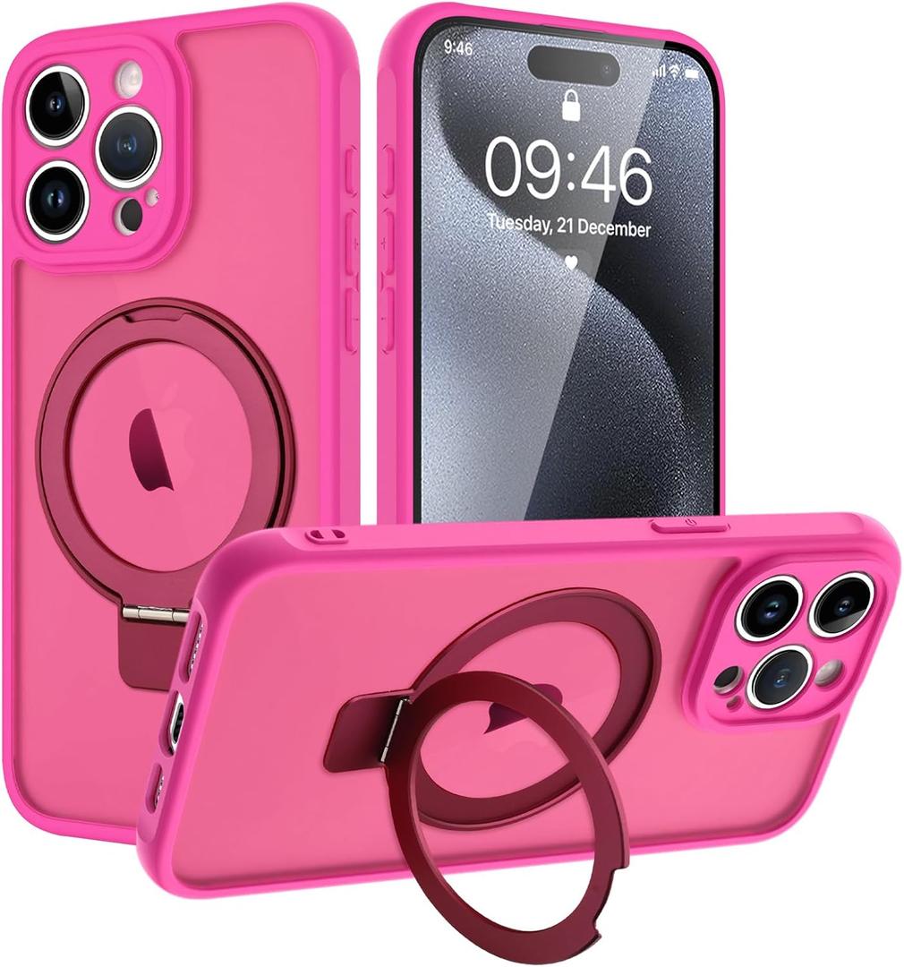 KANGHAR Designed for iPhone 15 Pro Max Case with Ring Stand Translucent Matte Slim Shockproof Women Girls Hot Pink Kickstand Phone Cover for iPhone 15 Pro Max