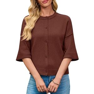 Saodimallsu Womens 3/4 Sleeve Cardigan Sweaters Button Down Crewneck Knit Cropped Tops Casual Fall Outerwear, Brown, S