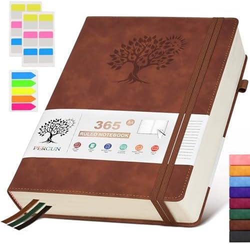 PERCUN A4 Lined Journal Notebook，365 Page Large Leather Journals for Writing Women Men，Hardcover Notebook with 100Gsm Thick Pages for Travel，Work，School，College Ruled, Daily Diary (8.5" x 11.4")