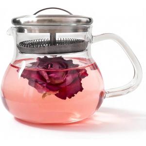 TETWIN Personal Glass Teapot with Built-in Strainer 17oz - for Blooming, Loose Leaf & Herbal Tea, Exquisite Small Tea Pot for One,Stovetop Safe