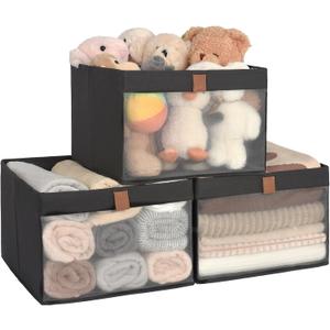 StorageWorks Closet Storage Bins, Extra Large Storage Baskets with Clear Window and Handles, Foldable Fabric Organizer for Clothes, Shelves, Black, 3 Pack