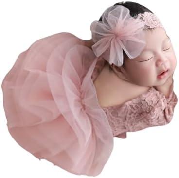 Newborn Photography Outfits Girl, Baby Girl Photoshoot Props, Lace Romper with Headband for 0-3 Months Newborn Pink