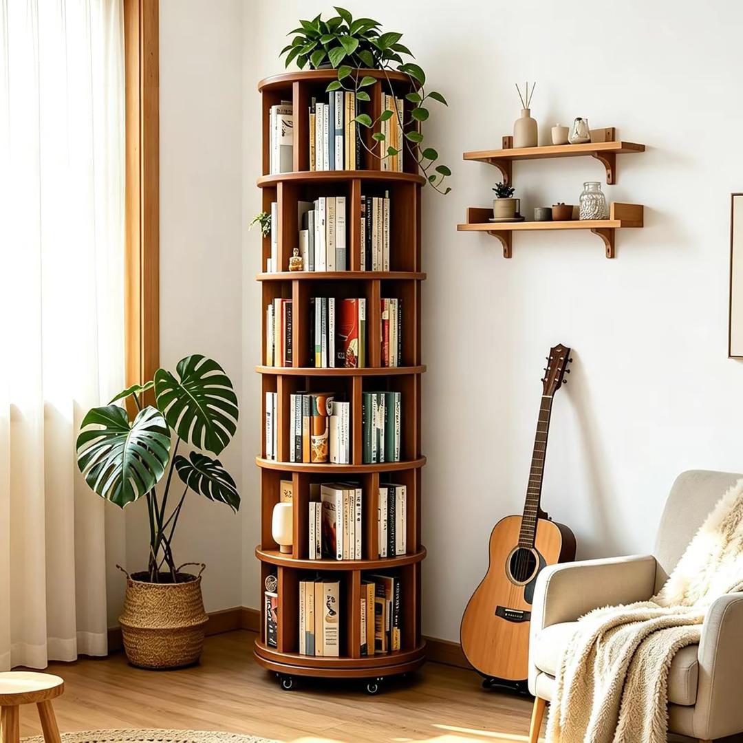 ARIMILAE 6‑Tier Rotating Bookshelf, Solid Rubber Wood 360° Revolving Bookcase with Lockable Casters, Space‑Saving Tall Storage Shelf for Living Room Bedroom Home Office, Walnut, 17.3"D×17.3"W×78.5"H
