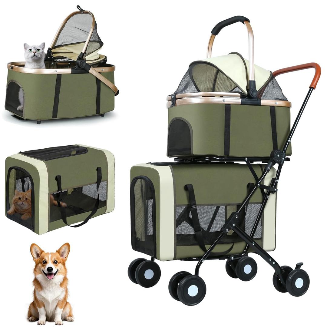 YYW Double Pet Stroller for Small Dogs & Cats - 4 in 1 Foldable Dog Stroller with 2 Detachable Carriers, Lockable Wheels & Safety Belts, Ideal for Multi-Pet Homes Walks & Travel(Green)