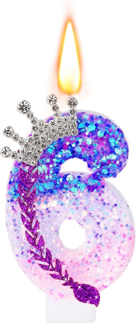Sumind Kpop Birthday Number Candles, Purple Pink Birthday Candles for Cake, Glitter Number Cake Topper with Sequins for Celebrating Anniversary Theme Decorations(Braid Crown,6)