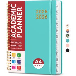 Academic Planner 2025-2026 For Women & Men, Monthly and Weekly Calendar Planner, Jul 2025 - Jun 2026, A4 (8.5" x 11"), Teacher Student Planning Book with Tabs, Ideal for Office School Supplies - Aquamarine