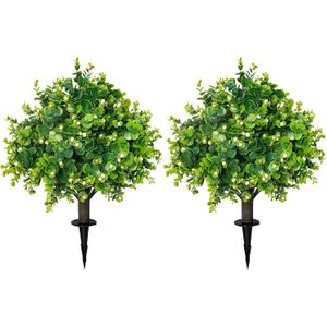 Artificial Boxwood Topiary Ball Trees 21.6" Tall UV Resistant Artificial Bushes, Set of 2 Faux Plants with Spike Easy to Push in The Ground for Indoor Outdoor Garden (21.6 inch)