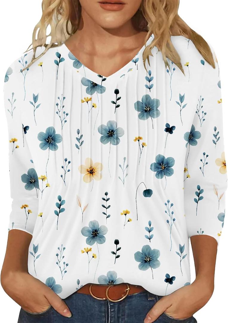 IEEILULU 3/4 Length Sleeve Womens Tops V Neck T Shirts Casual Pleated Tunic for Women Fashion Loose Blouses (White)