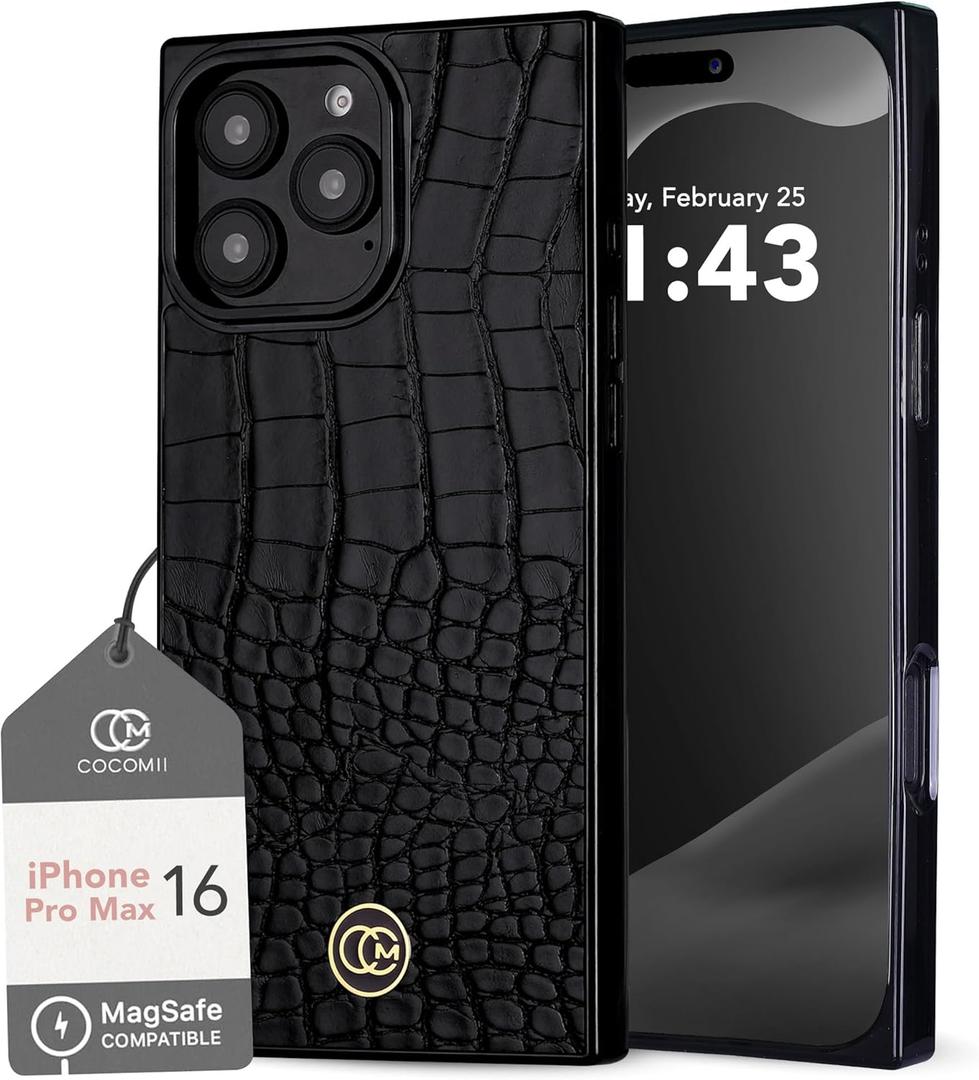 COCOMII Rectangle Case for iPhone 16 Pro Max, Compatible with MagSafe, Black Crocodile Leather