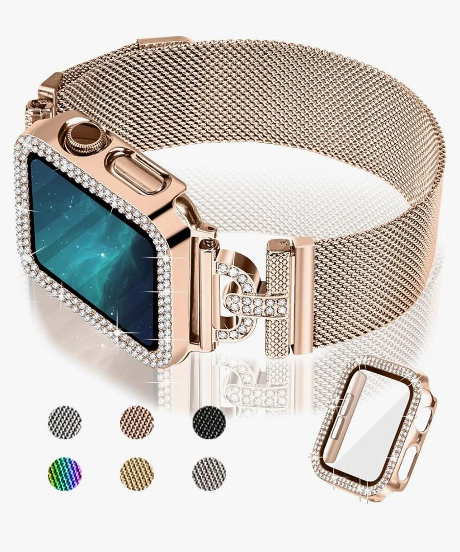 JOYOZY Magnetic Band Compatible with Apple Watch Band 38mm 40mm 41mm 42mm 44mm 45mm 46mm Milanese Strap with Bling Glitter Case Built-in Screen Protector Dressy Stainless Steel iWatch Loop for Women