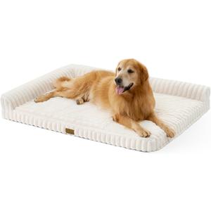 COZY KISS Faux Rabbit Fur Extra Large Dog Bed 48"x35" Orthopedic Foam Couch with Sides, Removable Washable Cover & Waterproof Lining, Cream