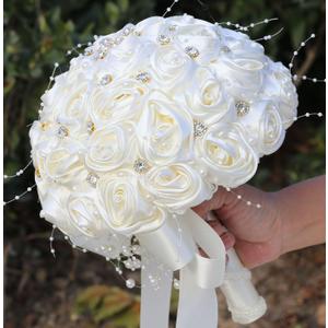 Bridal Wedding Bouquet Round Bling Brooch Bouquet Throw Toss Artificial Rose Flower Bunch for Bride Bridesmaid Wedding Quinceanera(Ivory, 8.7")