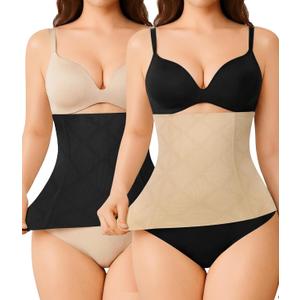 Nebility 2 Pack Waist Trainer for Women Shapewear Tummy Control Faja Body Shaper Waist Cincher Girdles Corset Shapewear (Black & Beige 2 Pack, Large)