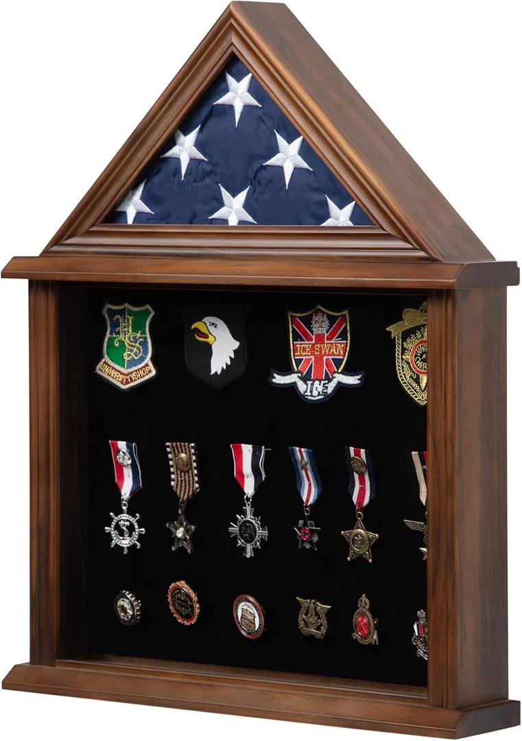 Flag Display Case American Flag Solid Wood Display Case Fits a 3 X 5 Flag Folded Military Shadow Box with Felt Lining Holder for Certificate Pins Insignia Medals Walnut