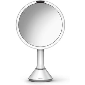 simplehuman 8" Round Sensor Makeup Mirror with Touch-Control Brightness, 5X Magnification, Rechargeable and Cordless, White Stainless Steel