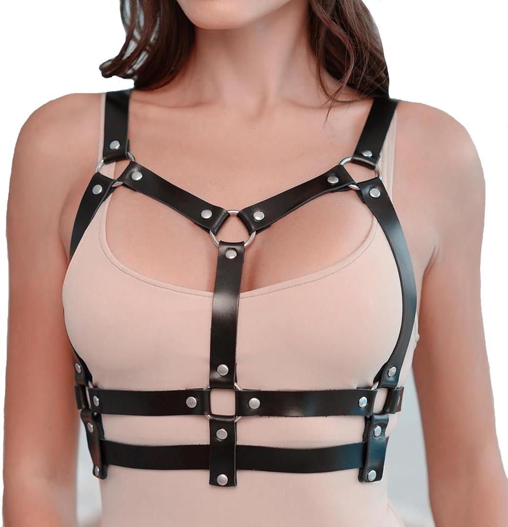 Punk Belt Goth Leather Body Chain Black Waist Chain Belts Sexy Adjustable Body Accessories for Women Girls (Black), One Size