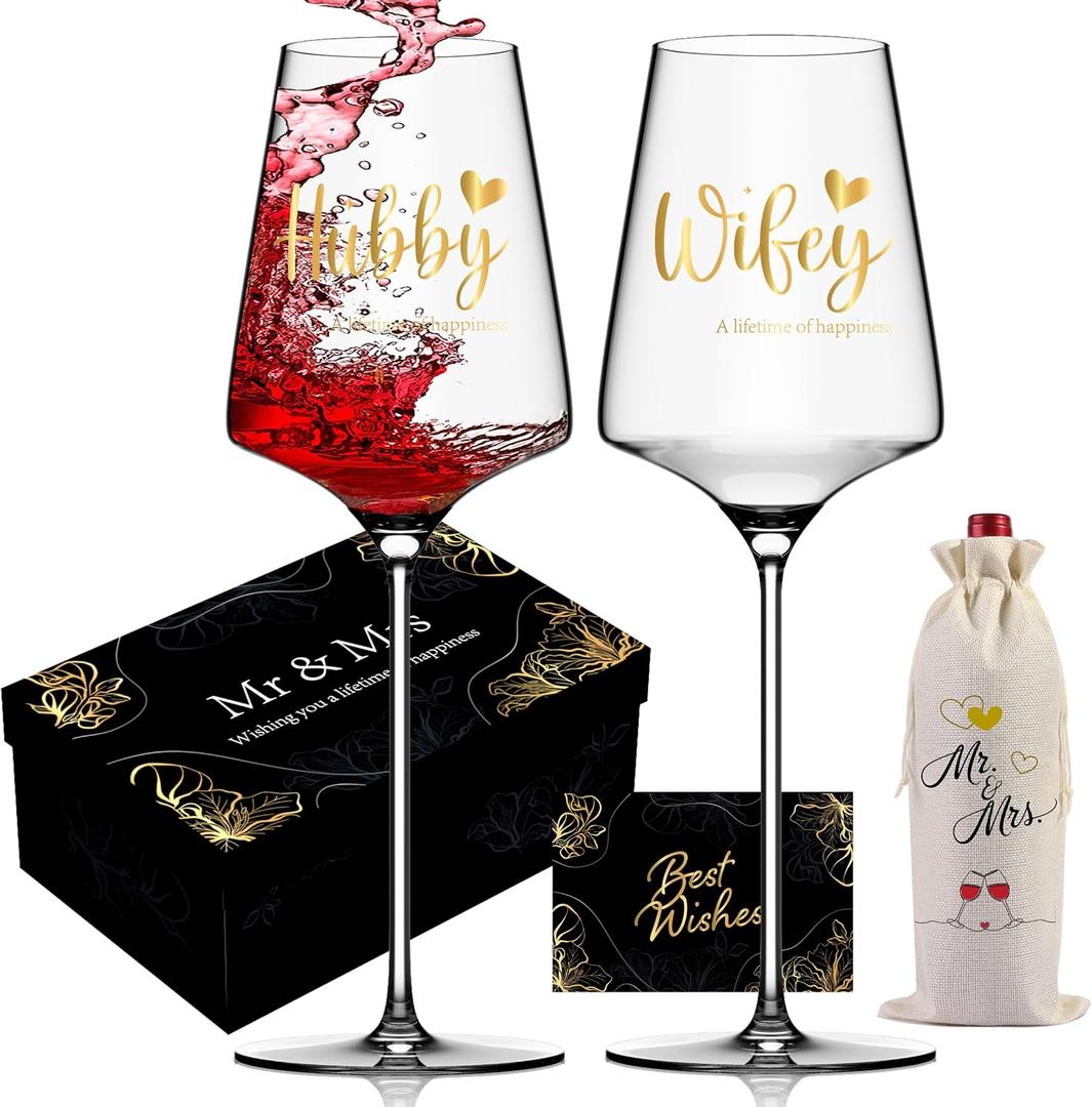 Anniversary Wine Glasses Gifts Set of 2 Gold Print with 'Hubby' and 'Wifey' Bride and Groom Wedding Glass Gift for Couples or Parents (EXP 01/01/26)