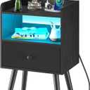 Yoobure Nightstand with Charging Station, Modern Night Stand with LED Lights, Wood Nightstands with Fabric Drawer & Storage Shelf, Night Stands Bedside Table with USB Ports for Bedroom, Office, Home