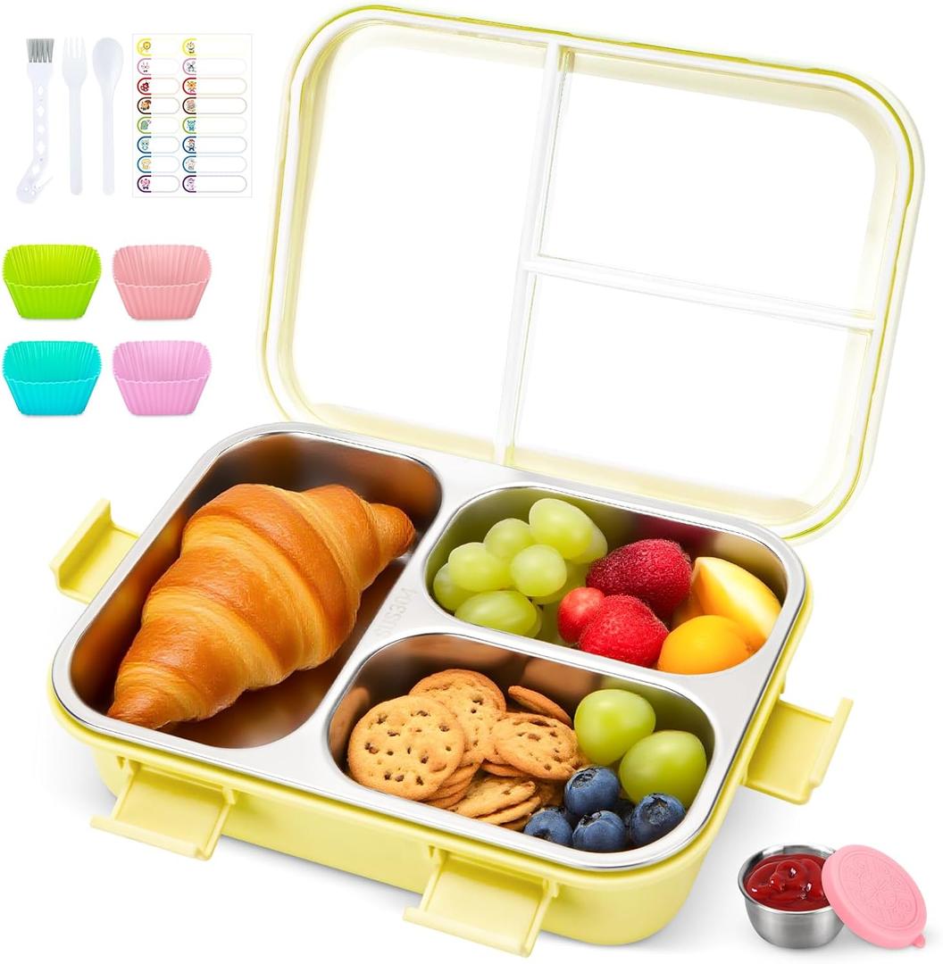 Stainless Steel Lunch Box Kids, 3 Compartments Leak Proof Metal Bento Box, Snack Containers with Condiment Cup, Food Storage Containers With Utensils and Small Cleaning Brush Set, Yellow