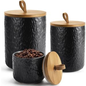 Canisters Set for Kitchen Food Storag of 3 Piece, Airtight Kitchen Canisters for Countertop, Modern Ceramic Jar with Top Handle & Wooden Lid for Coffee Tea Sugar Flour Cookie(Black)