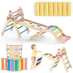Pikler Triangle Set with Cushion, 9-in-1 Kids Climbing Toys for Toddlers 1-3 Inside, Montessori Toddler Climbing Toys Indoor, Large Wooden Pikler Triangle Climbing Set Baby Playground for Children
