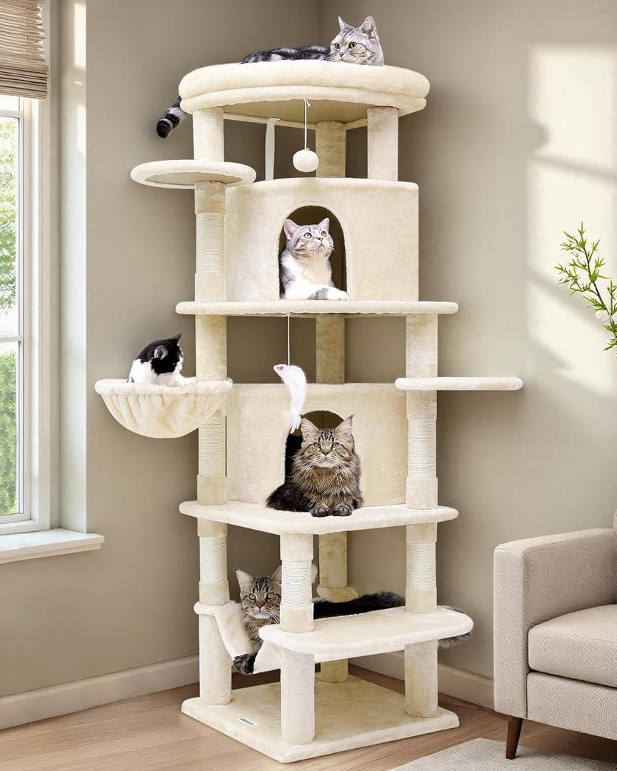 C66 Corner Cat Tree for Large Cats, 66inch Tall Curved Series Large Cat Tower for Multiple Indoor Cats with 6 Scratching Posts, 2 Spacious Cat Condos, Hammock, Hanging Basket, Beige