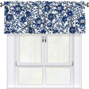 Miaoquhe Navy Elegant Floral Kitchen Window Curtain 54"x18", Blue White Vintage Chinoiserie Flower Valance Farmhouse Window Treatment Rod Pocket Valances for Bedroom Bathroom Decor