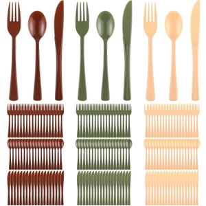 Minatee 180 Pcs Woodland Party Plastic Silverware Heavy Duty Cutlery Sets Disposable Utensils for Holiday Birthday Themed Party Supplies, 60 of Each Forks Knives Spoons