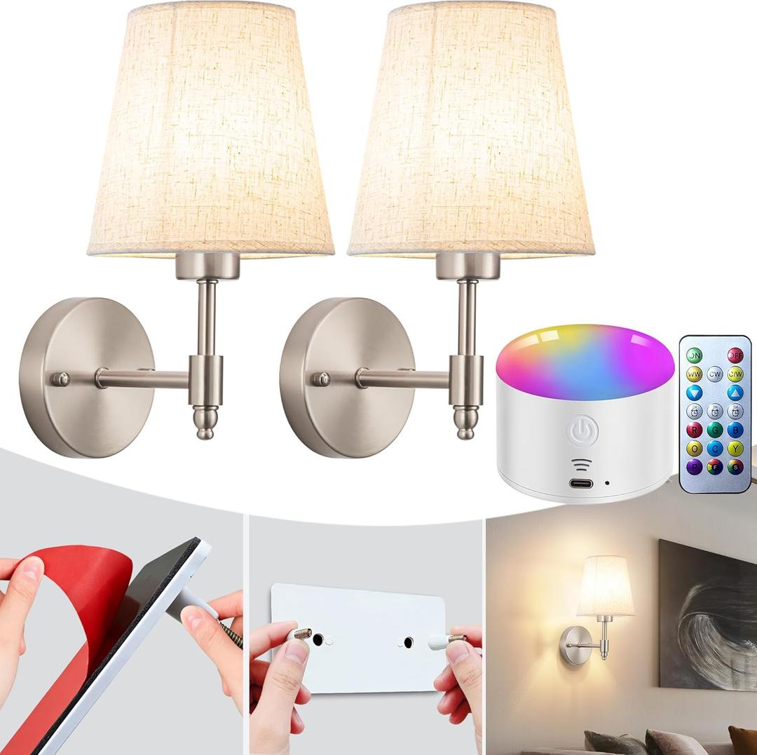 YHCDLAMP Peel and Stick Wall Sconces, No Drilling Stick On Wall Sconce, Wireless Battery Operated Wall Lights, Adhesive Wall Lamp with 10000mAh Battery Bulb for Bedroom Living Room Decor (Nickel-11.8inch)