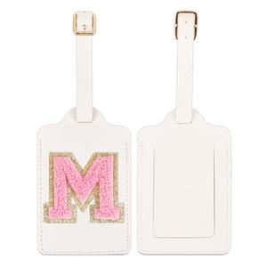 2PCS Personalized Initial Letter Luggage Tags for Suitcases, Suitcase Identifier Name Baggage Tag, Cute PU Leather Travel Luggage Tags,Bag Tags for Men Women Kids Luggage Schoolbags(2 White-Pink M) Pack of 4