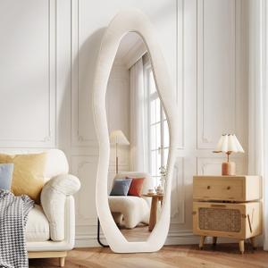 Koonmi 24"x63" Irregular Mirror Full Length, Flannel Floor Mirrors, Full Body Standing Mirror Wall Mounted with Flannel Wrapped Frame for Bedroom & Living Room, Beige