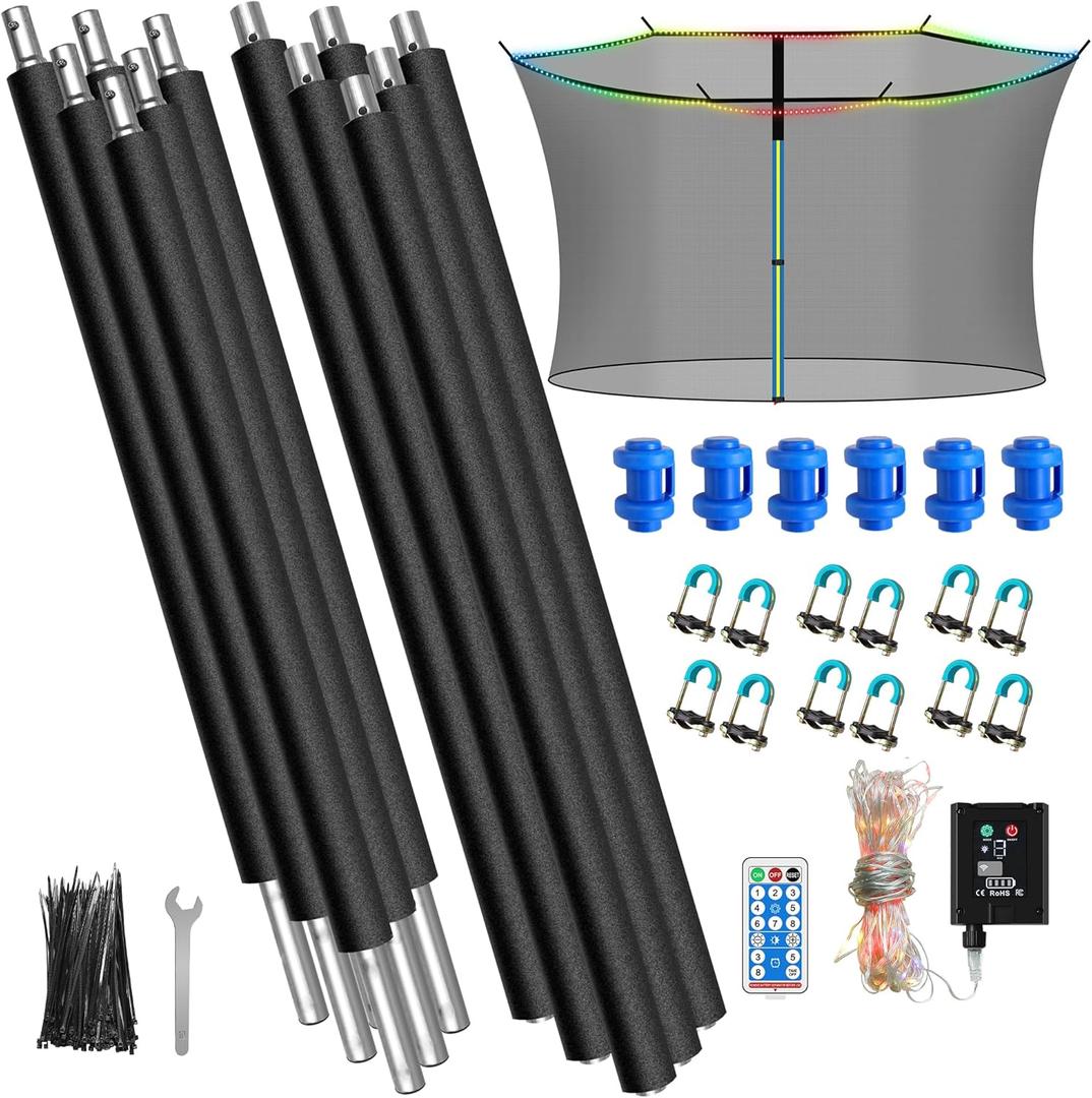 6PCS Trampoline Replacement Poles and 14FT Enclosure Net with Solar Light, Universal Trampoline Replacement Net and Enclosure Pole with Caps & Hardware, Fits 14FT Round Frame with 6 Straight Pole