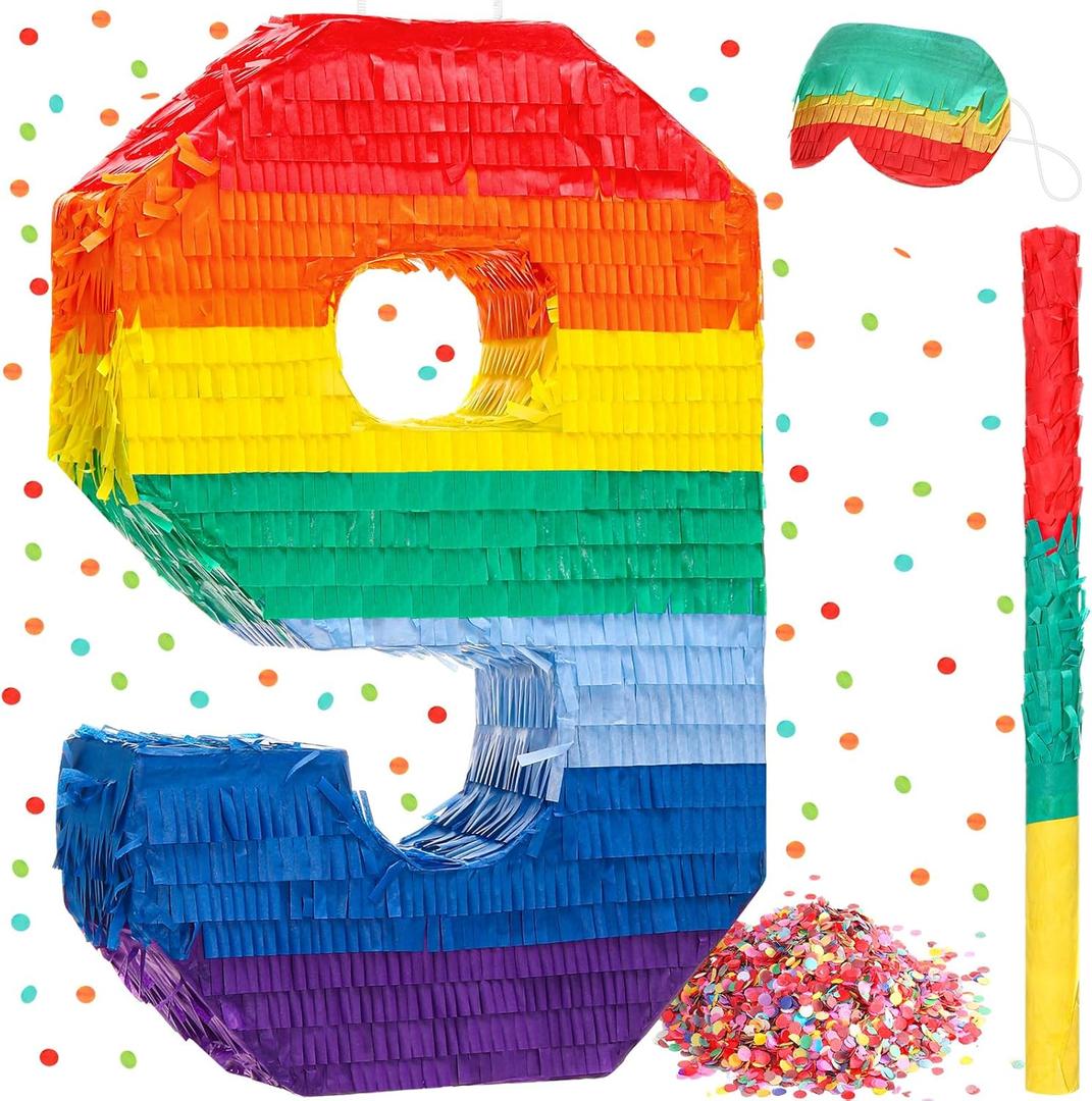 Sratte Rainbow Number Pinata Multicolor Small Kids Birthday Party with Blindfold Stick and Confetti for Anniversary Cinco de Mayo Fiesta Decor (Number 9) (PR-Sratte-52971)